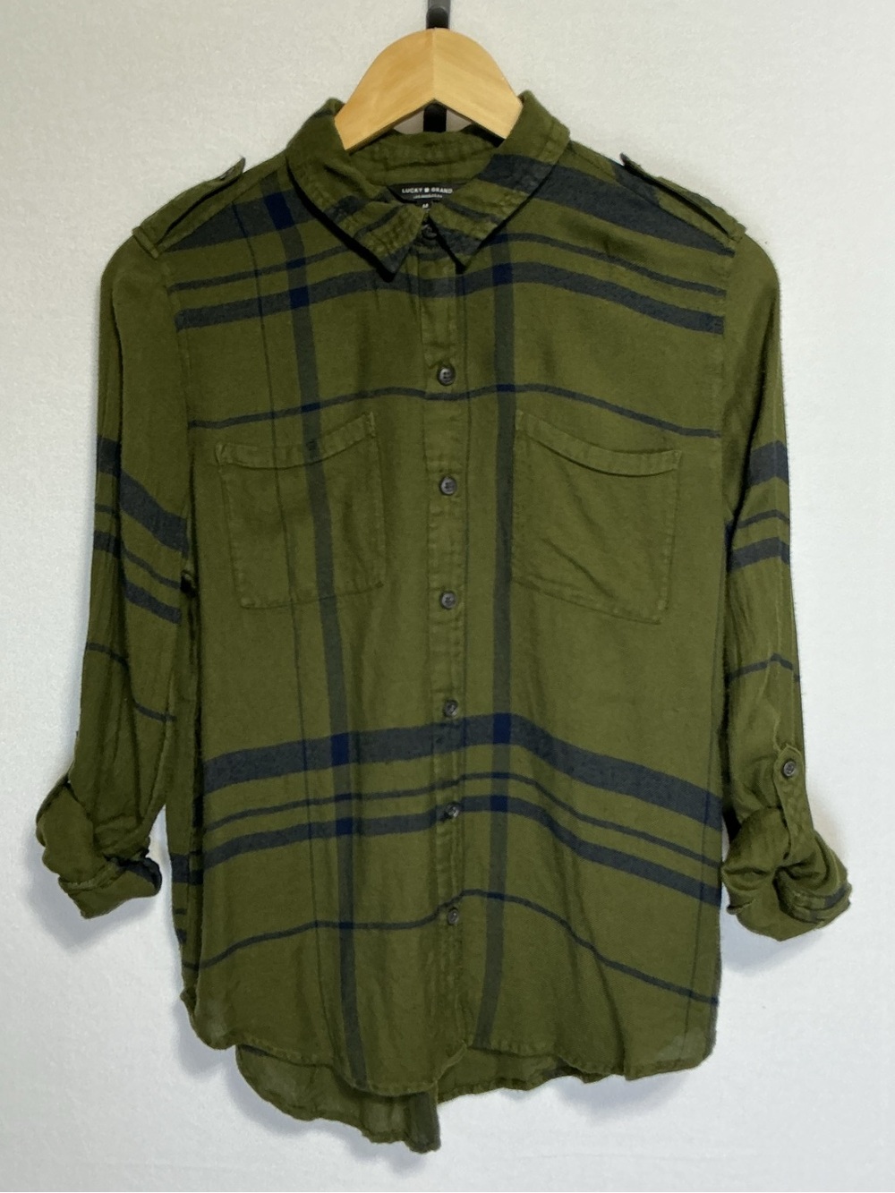 Lucky Brand Women’s M Olive Plaid Utility Button Up Roll Tab Shirt
